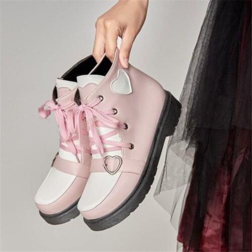 PXELENA Heart Shaped Low Heels Cosplay Lolita Martin Boots Girls Student School Uniform Anime Collegiate JK LO Shoes Women 34-43