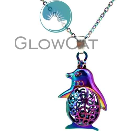 CC125 Rainbow Cartoon Penguin Beads Cage Pendant Aromatherapy Essential Oil Diffuser Oyster Pearl Cage Locket Necklace