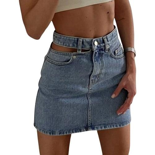 Womens High Waist Denim Party Skirt 2021 Hollow Button Zipper Mini A-line Skirt Ladies Sexy Clothing Female Night Club Wear
