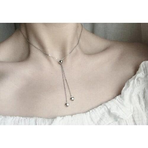 Double Heart & Lucky Round ball Tassel Pendant "Y" Lariat Necklace Real. 925 Sterling Silver Fine Jewelry GTLX1590