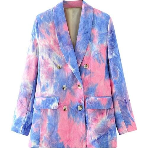 Elegant women tie-dye print blazer 2021 ladies pocket jackets casual female button suits sweet blue and pink girls chic blazer