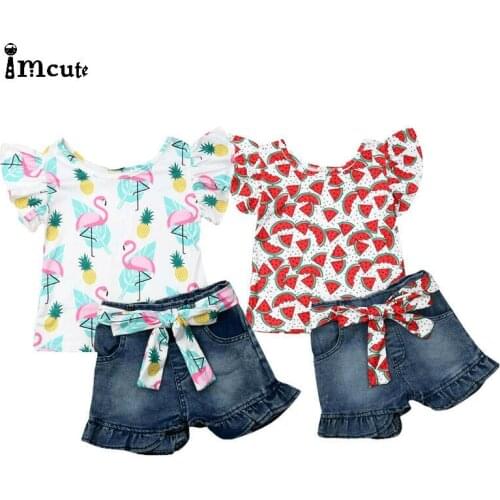 Toddler Kids Baby Girls Sleeveless Cartoon Ruffles Tops T-shirt Denim Pants Shorts Outfits Set Clothes