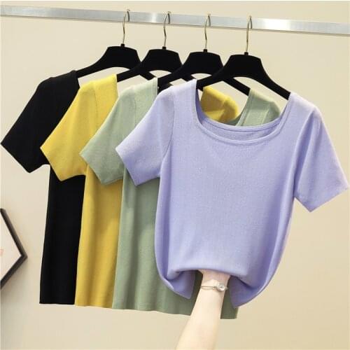 LJSXLS Slim Knitted Square Collar Womens T-shirt Casual Short Sleeve Tshirt Solid Clothes Women Summer All-match Blue Top Femme