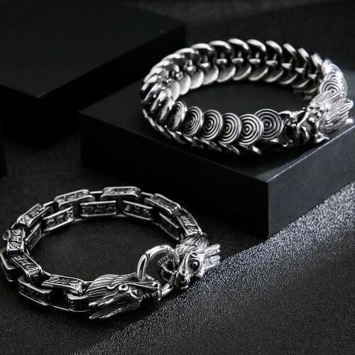 Hiphop Mens Stainless Steel Dragon Head Bracelets For Men Vintage Link Chain Wrist Bracelet With Round Clasp 8.7" Dropshipping