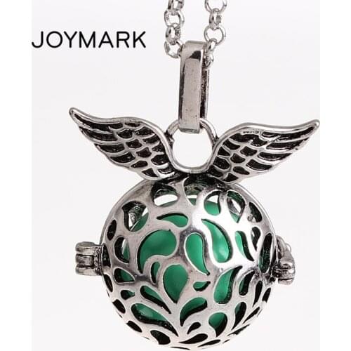 JOYMARK 12pcs/lot Angel Wings Round Hollow Locket Cage Musical Sound Ball Pendant Long Chain Women Pregnancy Necklaces HCPN03