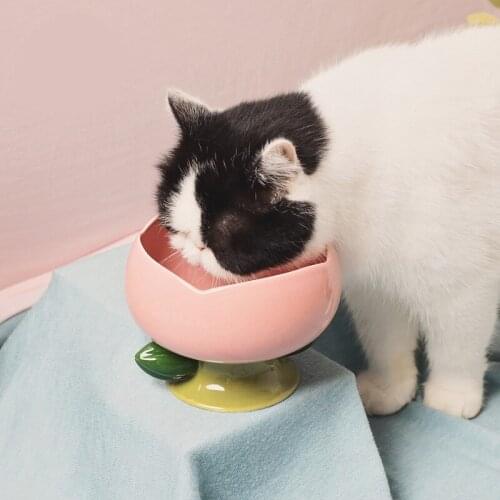 High Foot Pet Ceramic Bowl Cats and Dogs Ceramic Pet Bowl Non-slip Flower Shape Cat Bowl Food Drinking Pets Feeder