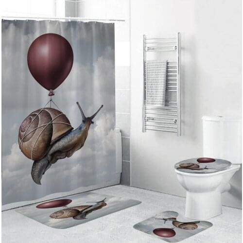 Creative Flying Snail Printing Waterproof Bathroom Shower Curtain Sets +Non-Slip Rugs Toilet Lid Cover and Bath Mat 180x180cm