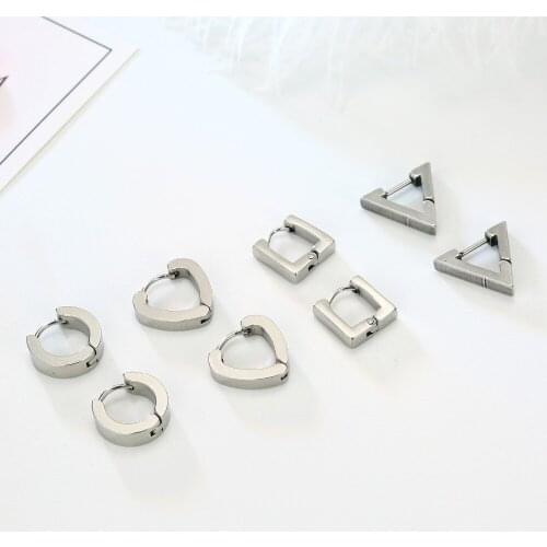 1PC Punk Round Triangle Stainless Steel Hoop Earrings Women Men Jewelry Simple Metal Color Square Heart Basic Ear Hoop E220