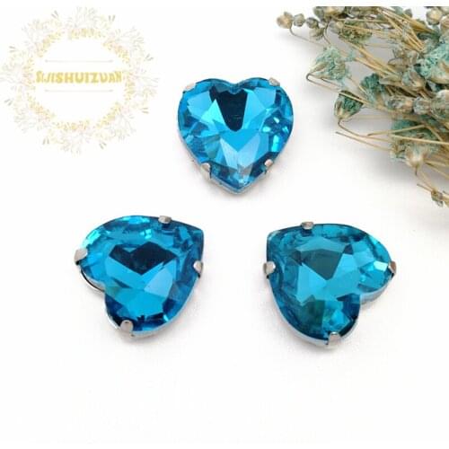 Best-selling! Turquoise blue heart shape Glass Crystal sew on rhinestones with four claw Diy Wedding dress and Shoes