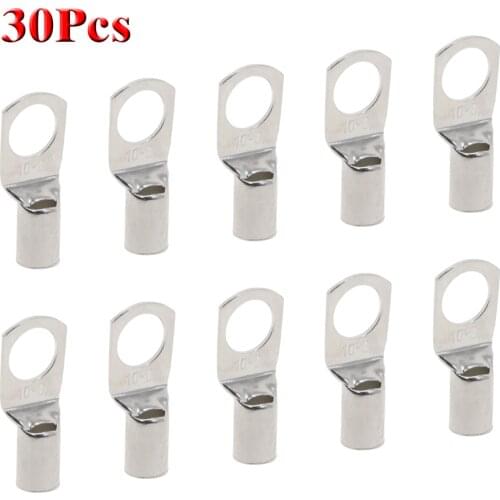 30Pcs Copper Battery Terminals Cable Lug SC10-6 10-8 10-10 Bolt Hole Tinned Bare Cable Lugs Copper Ring Wire Connector Terminal