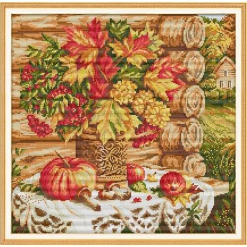 A Harvest Of Autumn Flowers cross stitch kit aida 14ct 11ct count print canvas cross stitches needlework embroidery DIY handma