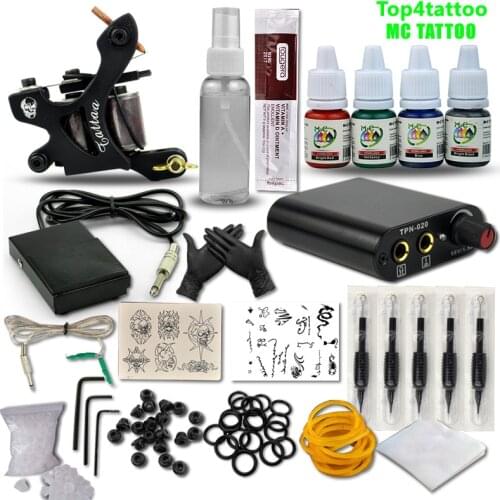 Complete Tattoo Machine Kit Set 1 Coils Guns 4 Colors Black Pigment Sets Power Tatoo Beginner Tattoo Kit Permanent Make