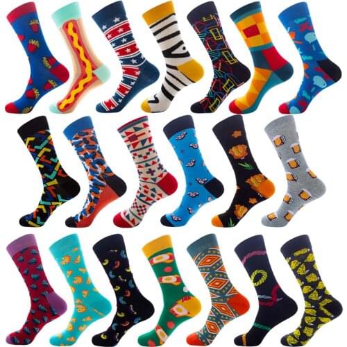 Colorful Cotton Mens Socks Funny Food Cake Geometric French Fries Happy Pizza Skate Harajuku Graphic Socks for Christmas Gift