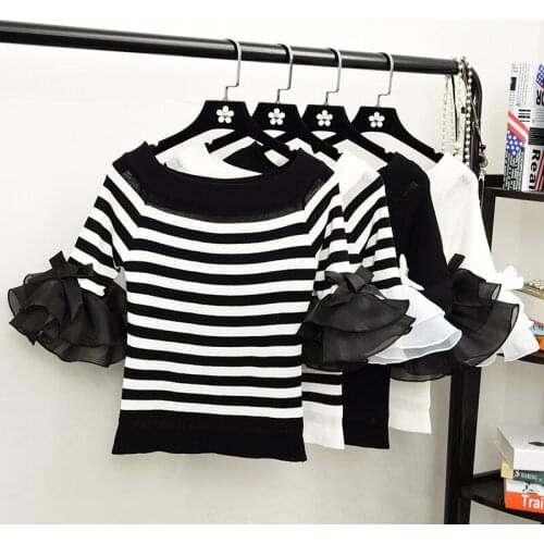 New Women Fashion Thin Knitted Sweater Shirt Chiffon Flare Half Sleeve Stripe Slim Pullover Knitted Sweater Tops