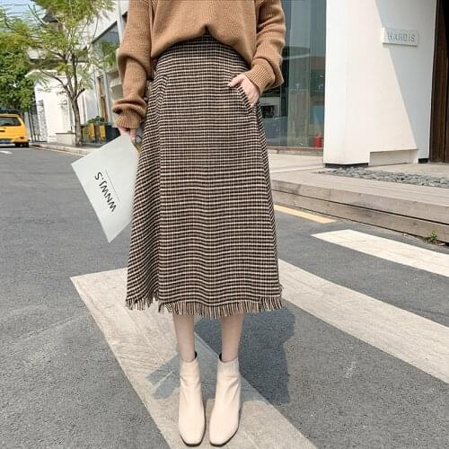 Fall/winter Midi Tassel Skirt Womens Retro Skirt Houndstooth Wool Skirt Korean Intellectual Elegant High Waist A-line Skirt