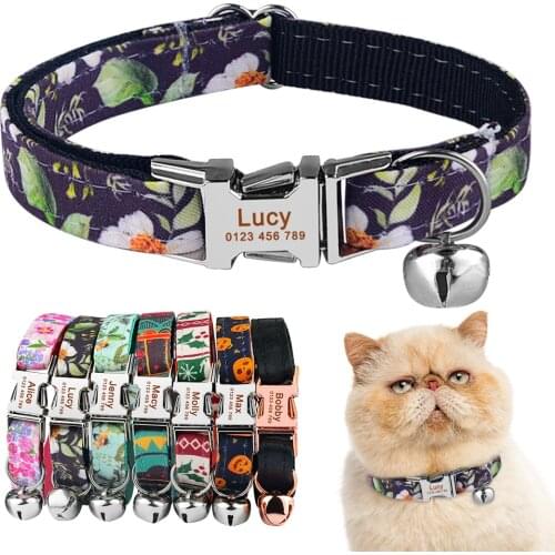 Adjustable Nylon Engraved Cat Collar Custom Name Tag Small Large Cat Collar Plaid Unisex Cat Collar Personalized Cat Collar ID