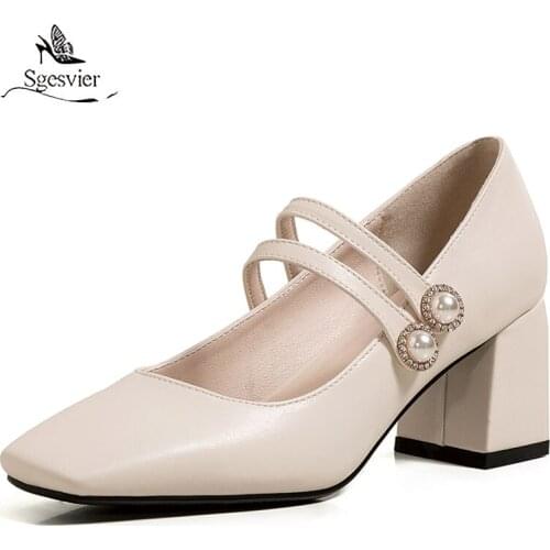 Sgesvier comfortable square toe pumps fashion beading buckle beige apricot khaki high-heeled chunky womens shoes big size 48