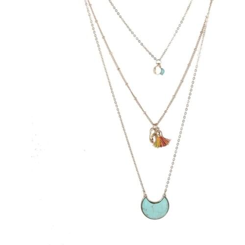 Light Yellow Gold Color Multi Layer Green Turquosies Stone Pendant Link Chain Necklace Crescent Moon Jewelry
