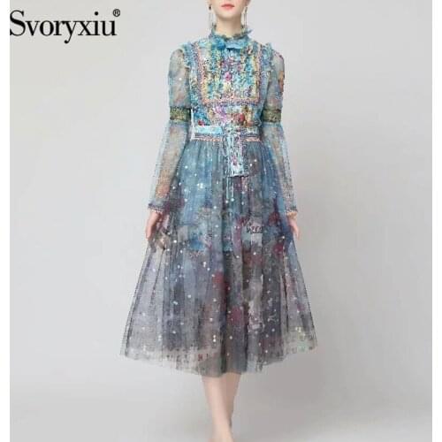 Svoryxiu Runway Designer Autumn Fashion Elegant Skirt Suit Ruffled Collar Flare Sleeve Blouse + Drawstring Net Yarn Skirt Sets