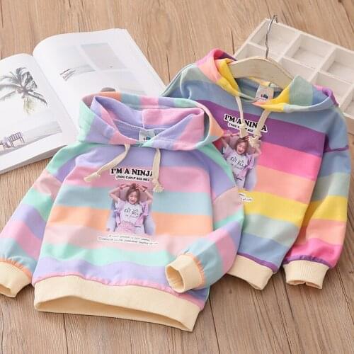 2-8 Y Toddler Girls Hoodies Spring New Baby Casual Hooded Sweatshirt Lovely Rainbow Striped Print Hoodies for Girl Kids Pullover