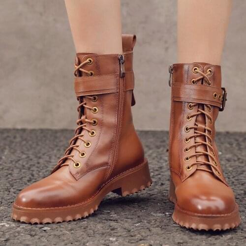 All Match Platform Buckle Handmade Genuine Leather Women Boots Round Toe Ankle Boots Flat With Zipper Women Shoes Mujer Botas