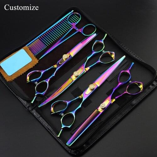 Customize 6 kit Japan 440c 7 inch color Pet dog grooming hair scissors thinning shears pet cutting barber hairdressing scissors