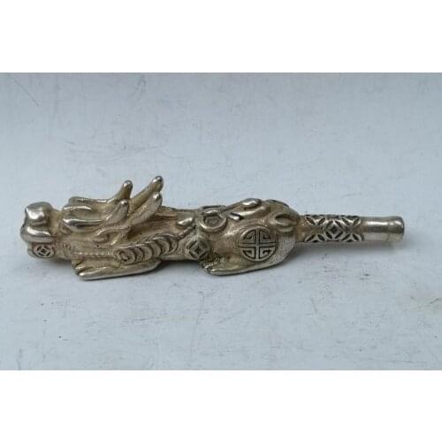 YIZHU CULTUER ART Collection Old Chinese Tibet Silver Carving Kylin Dragon Head Tobacco Pipe Gift