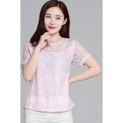 Summer Polyester Womens T-Shirt Round Collar Short Sleeve Pullover Hollow Out Solid Slim Fashion Streetwear T-Shirt