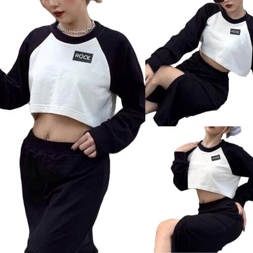 Women’s Casual Long Sleeve T-shirt Fashion Contrast Color Letter Round Neck Exposed Navel Tops