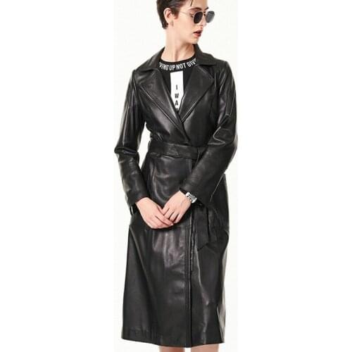 Women Luxury Genuine Leather Long Jacket Office Ladies Belted Slim Fit Sheepskin Leather Trench Coat Sashes Overcoat Windbreaker