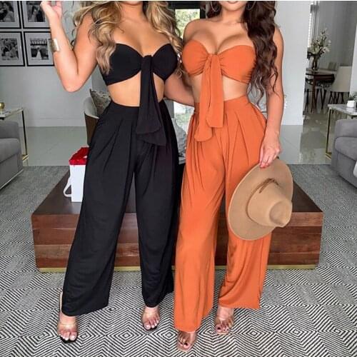 Women Two Piece Sexy Suits Tied Front Tube Top and Wide Leg Pants Set