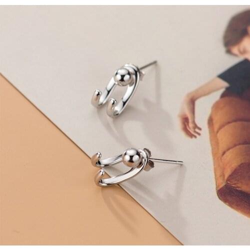 Real 925 Sterling Silver Bead Stud Earrings for Women Double Line Earcuff Rear Hanging Small Earring Fashion Jewelry Wholesale