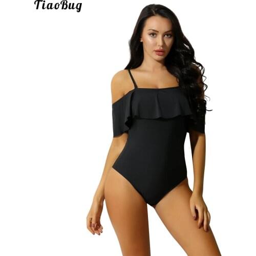 TiaoBug Women Summer One Piece Swimming Suit Off Shoulder Ruffled Bathing Suits Swimwear Bikini Bodysuit Jumpsuit