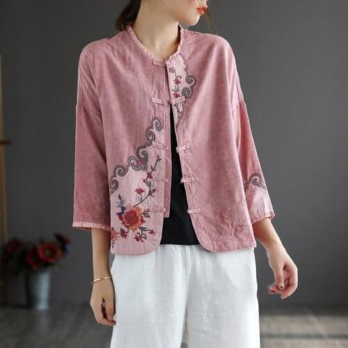 Johnature Women Cotton Linen Coats O-Neck Long Sleeve Embroidery Button Vintage Clothing 2021 Autumn New Loose Comfortable Coat