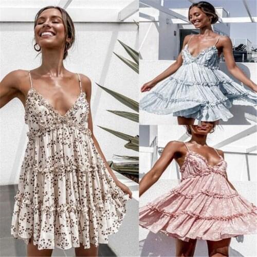 2021 Spring and Summer New Fashion Floral Small Fresh and Sweet Design Sense Printed Suspender V Neck Pleated Lace Dress