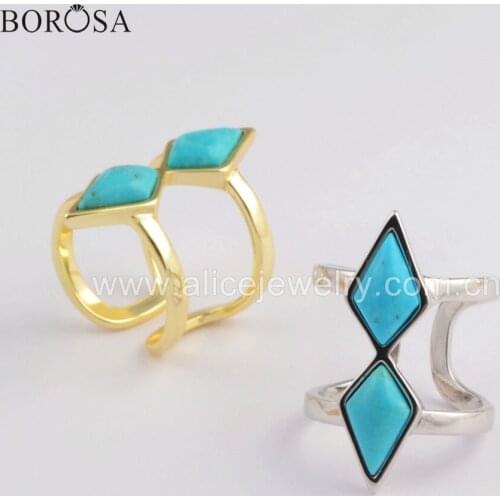 BOROSA 5PCS Wholesale Gild Bezel Double Rhombic Shape Natural Turquoises Open Ring Silver Blue Howlites Stone Boho Rings ZG0403