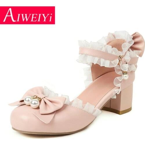 Woman Lolita Shoes Round toe Square High Heels Lace Buckle Strap Platform Gladiator Sandals Summer Party Pumps Lolita Sandals