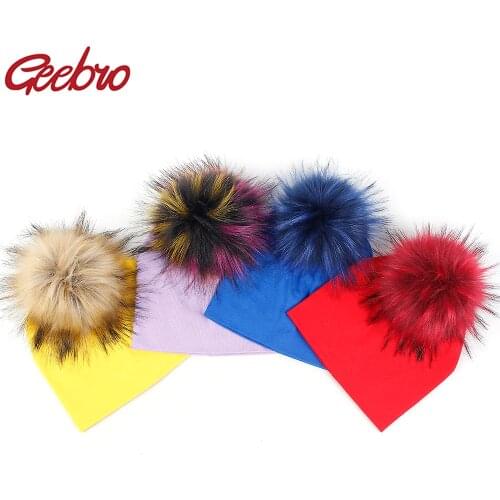 Geebro Cute Candy Color Baby Cotton Faux Fur Pompom Beanies Hats Boys Girls Autumn Winter Outdoor Cap Infants Toddler Baby Hats