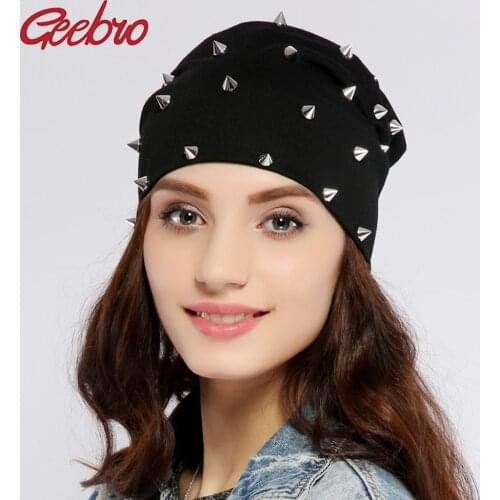 Geebro Womens Silver Rivets Beanies Hat Spring Casual Hip-Hop Cotton Slouchy Knit Beanie for Women Skullies Men Bonnet Cap