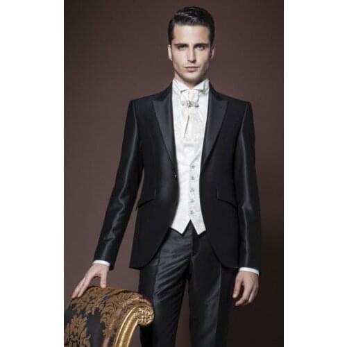 Custom Made One Button Black Groom Tuxedos Peak Lapel Groomsmen Best Man Wedding Prom Suits (Jacket+Pants+Vest+Tie)