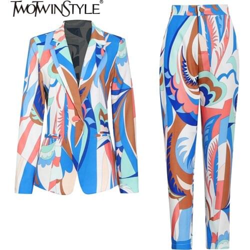 TWOTWINSTYLE Print Two Piece Set For Women Notched Long Sleeve Blazer High Waist Full Length Pant Hit Color Sets Female 2021 New