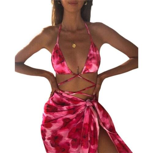 3Pcs Women Sexy Bathing Suits Adults Sleeveless V-neck Crop Top + Thong Bottoms + Cover Up Bikini Set Push Up Bikini Swimwear