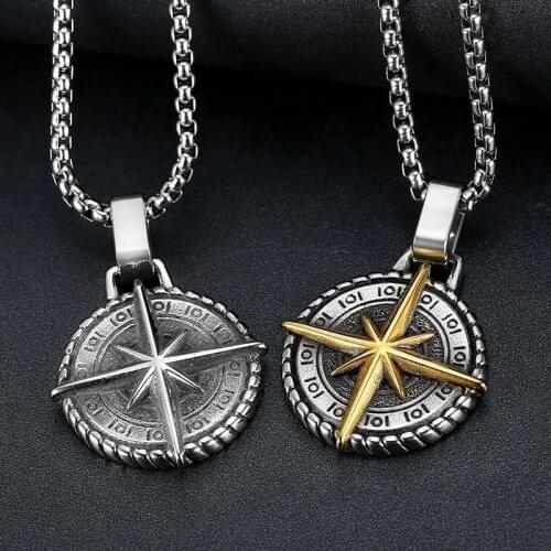 New Retro Viking Compass Pattern Round Pendant Necklace Mens Necklace Fashion Metal Sliding Compass Pendant Accessories Jewelry