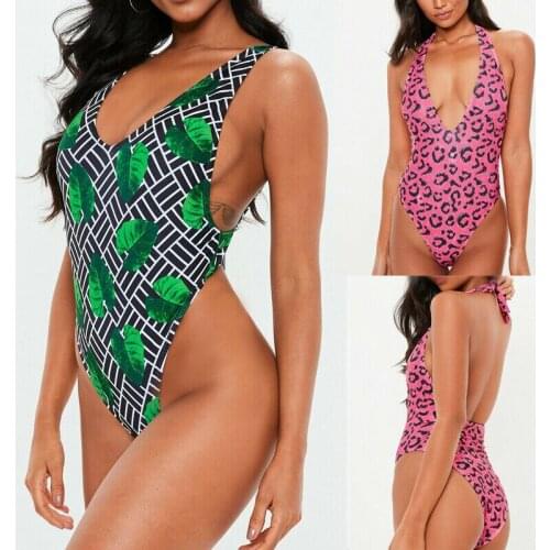 Brand New 2019 Summer Womens Sexy Backless Hlater Pad Bikini Swimming Costume Print One Piece Swimsuit Monokini Green Pink