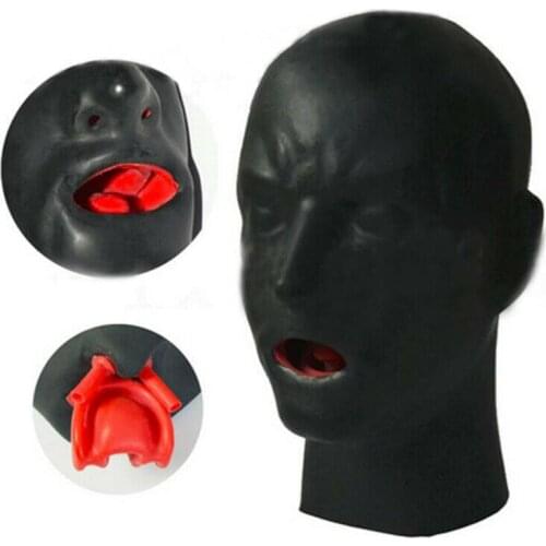 Men Black Latex Mask with Red Teeth Gag Nose Tube 1.0mm Thick Hood Back Zipper Supersoft Mask Fashion Funny