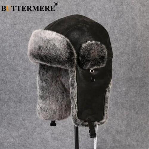BUTTERMERE Bomber Hats Male Russian Winter Hat Ushanka Fur Black Leather Thick Warm Plus Mens Hat With Ear Flaps Resist Snow