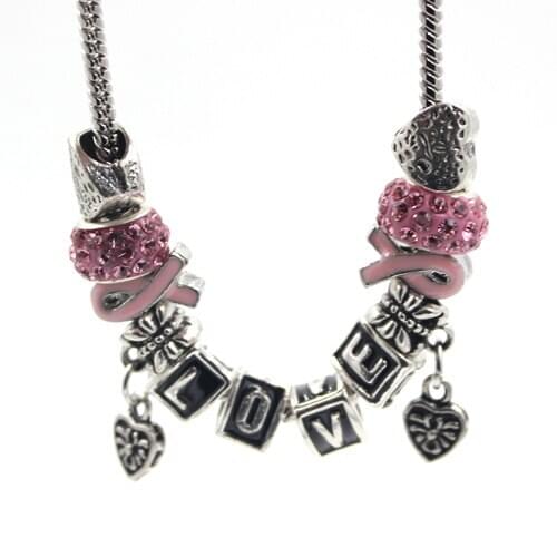 New Arrival Breast Cancer Awareness Jewelry European Bead Breast Cancer Letter heart Bracelets fits Pandr bracelets for Women