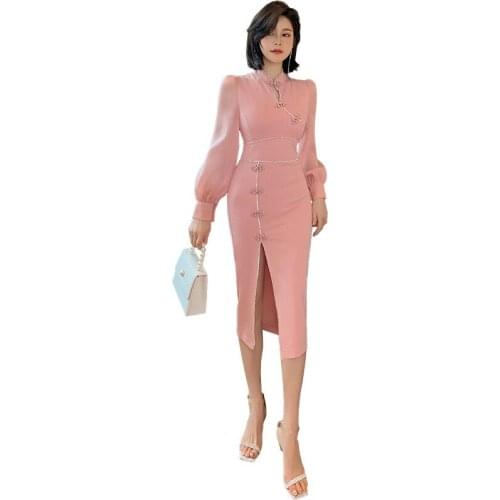 2020 Autumn Winter Chinese Traditional Vintage Dress Woman Long Sleeve Pink Qipao Cheongsam Ladies Sheath Split Wrap Dress Women