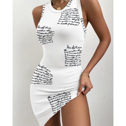 Letter Sexy Dress Women Sleeveless Elastic Mini Dress Vintage Summer Bodycon Club Wear Women Dresses Summer 2021 Vestidos