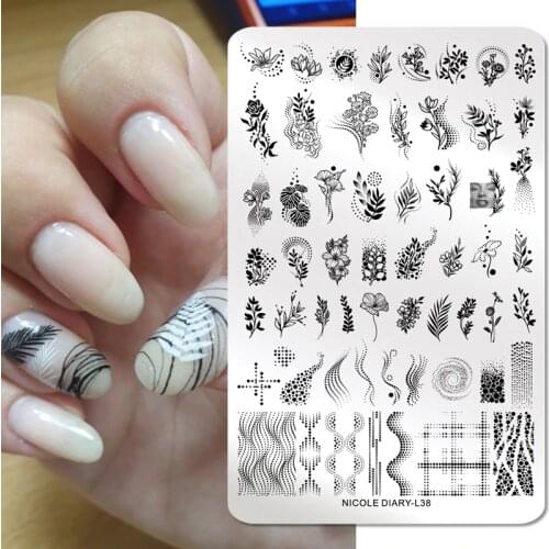 NICOLE DIARY Big Leaf Design Rectangle Nail Stamping Plates Stainless Steel Foliage Flowers Lines Nail Stamp Stencil Tools